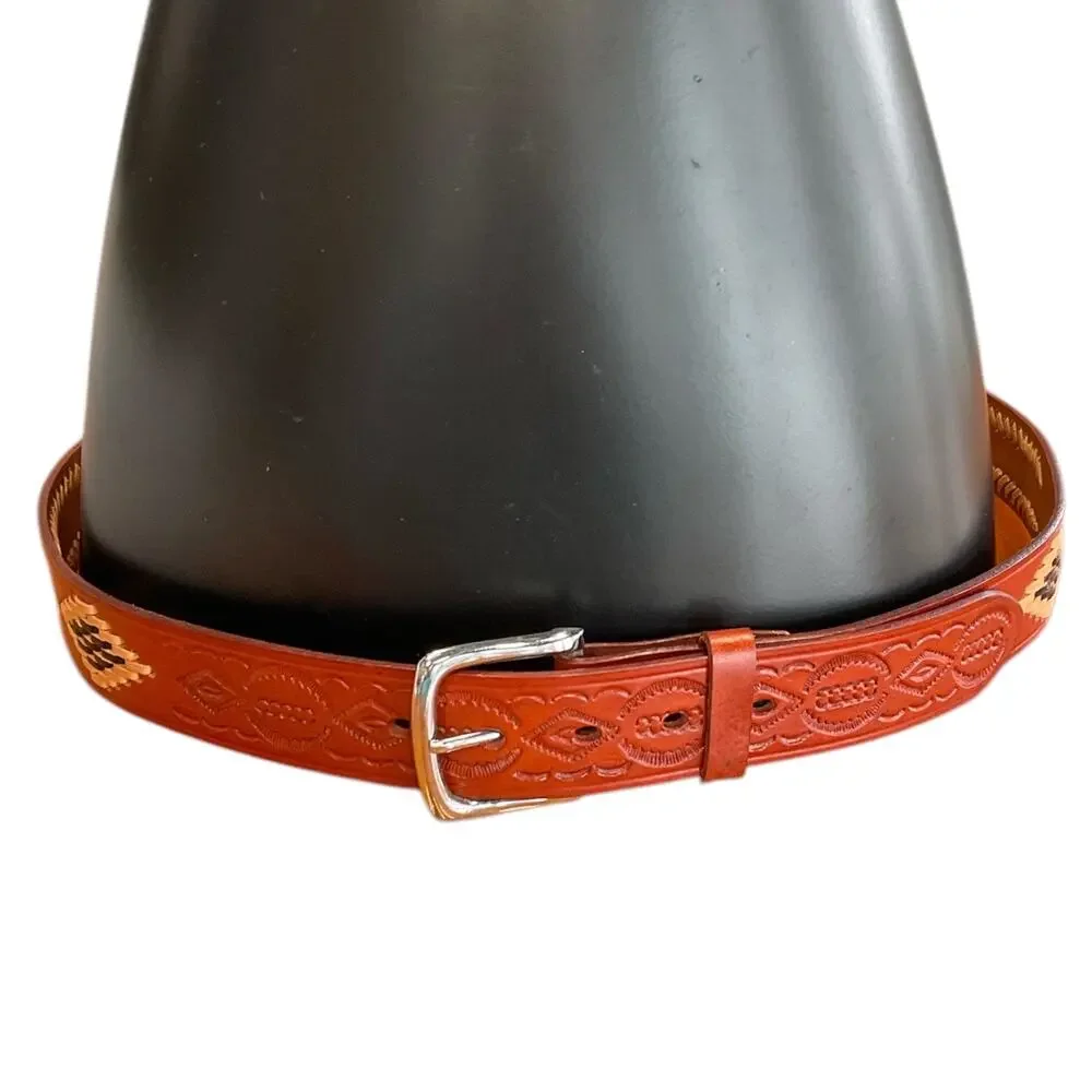 Red Brown Leather Mens 40 Western Belt Tan Dark Brown Stitching Southwest Cowboy